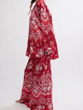 Free People Dreamy Days Pajama Set Red Floral Button Top Wide Leg Pants
